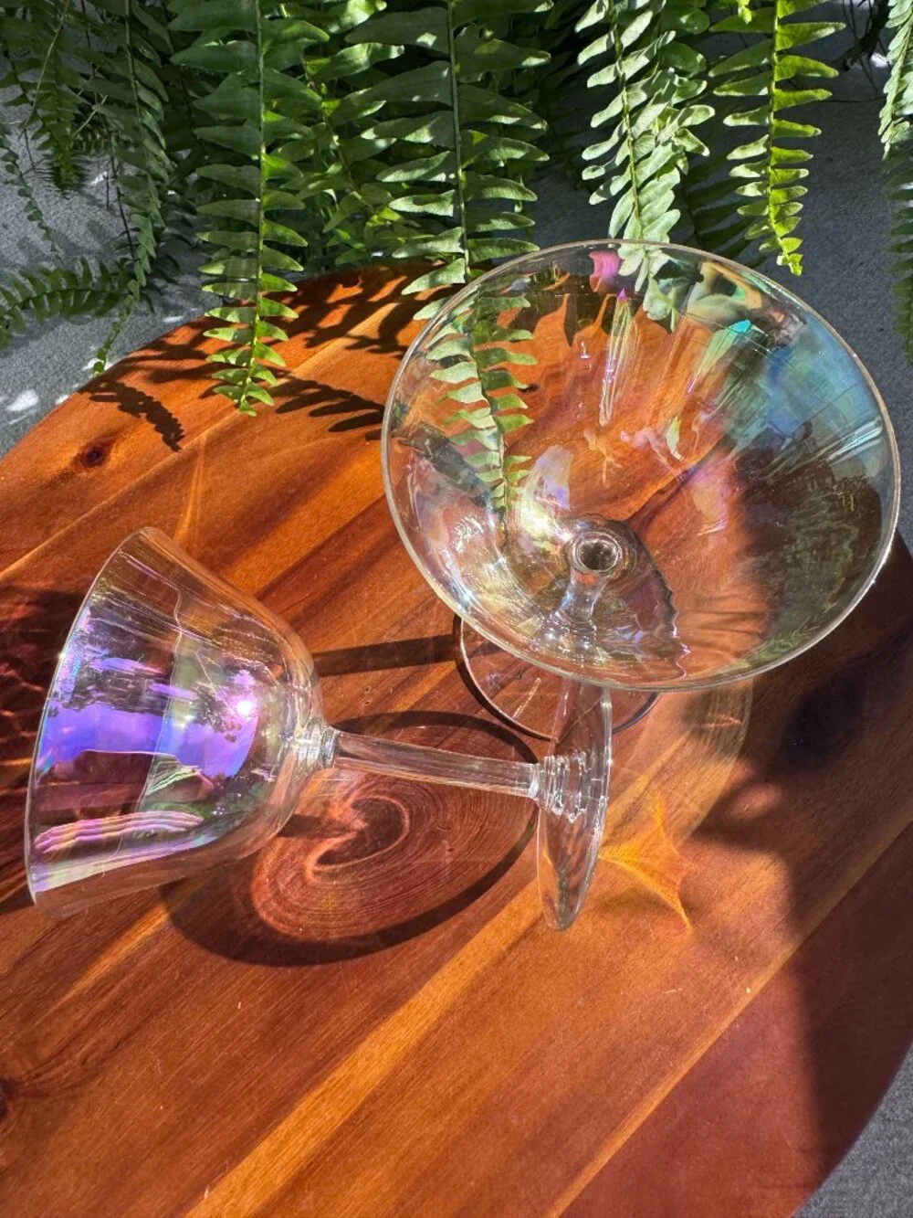 Set of 2 Vintage Fostoria Mother of Pearl Iridescent Champagne Coupe Glasses